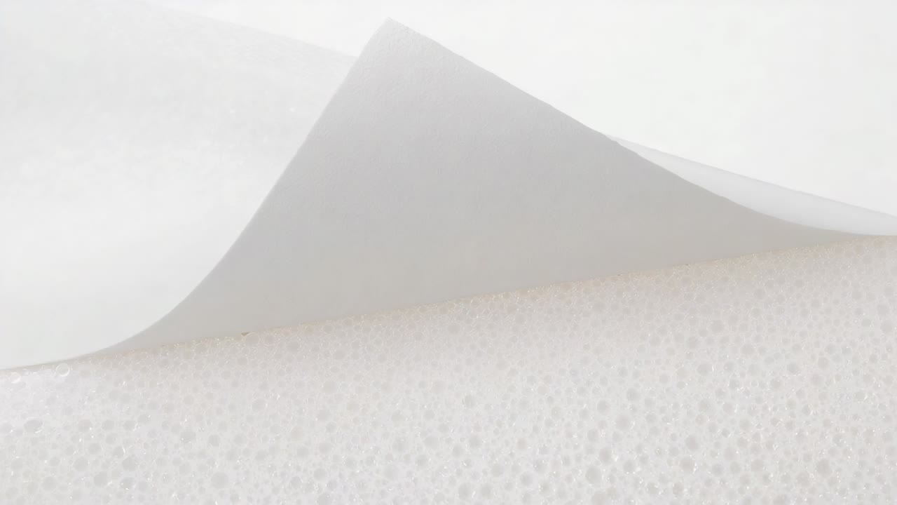 Off-camera pull lifting translucent sheet from porous foam at studio, revealing bubbled texture