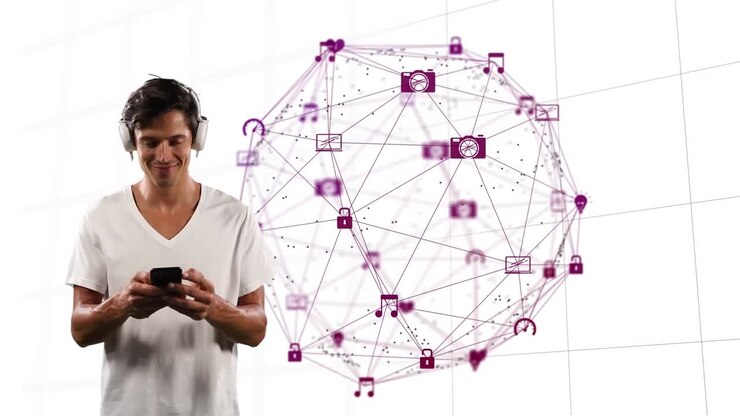 homem usando smartphone contra o globo de ícones digitais