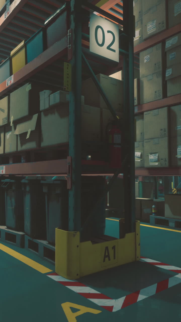 Warehouse interior with stacked boxes and organized shelving for storage