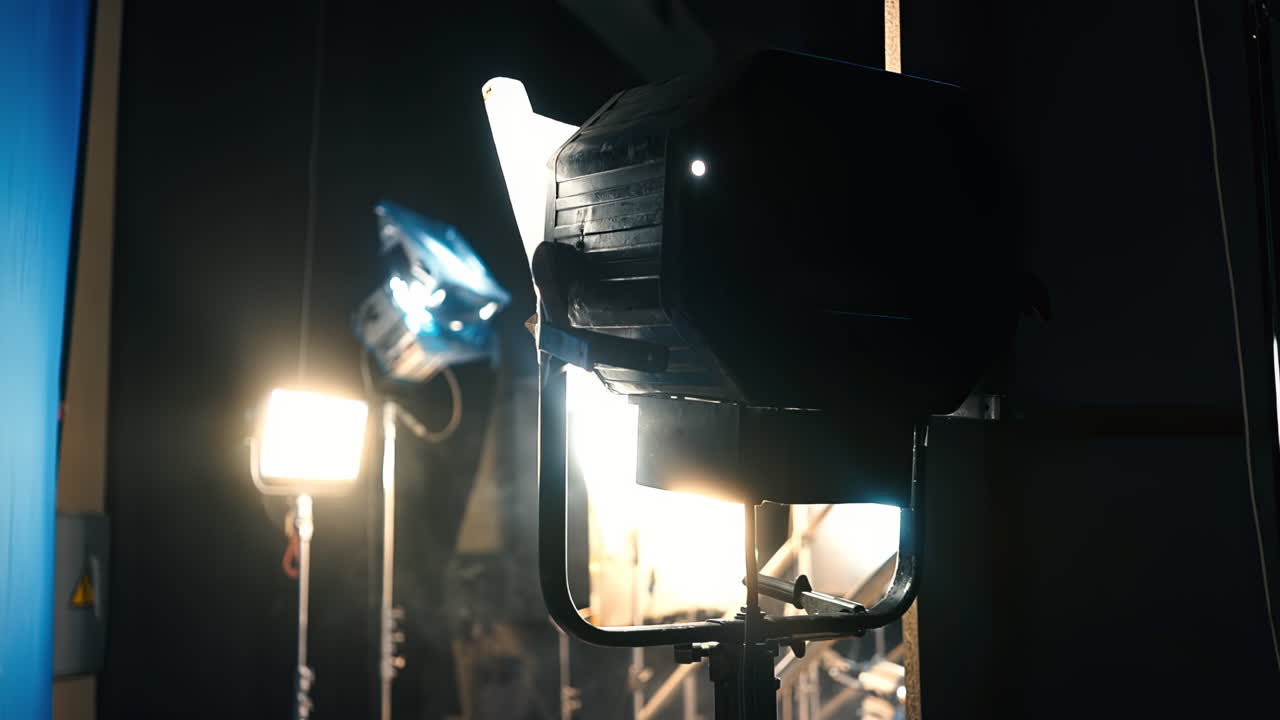 Led lightning system view from the back with other illumination on the background on a movie set