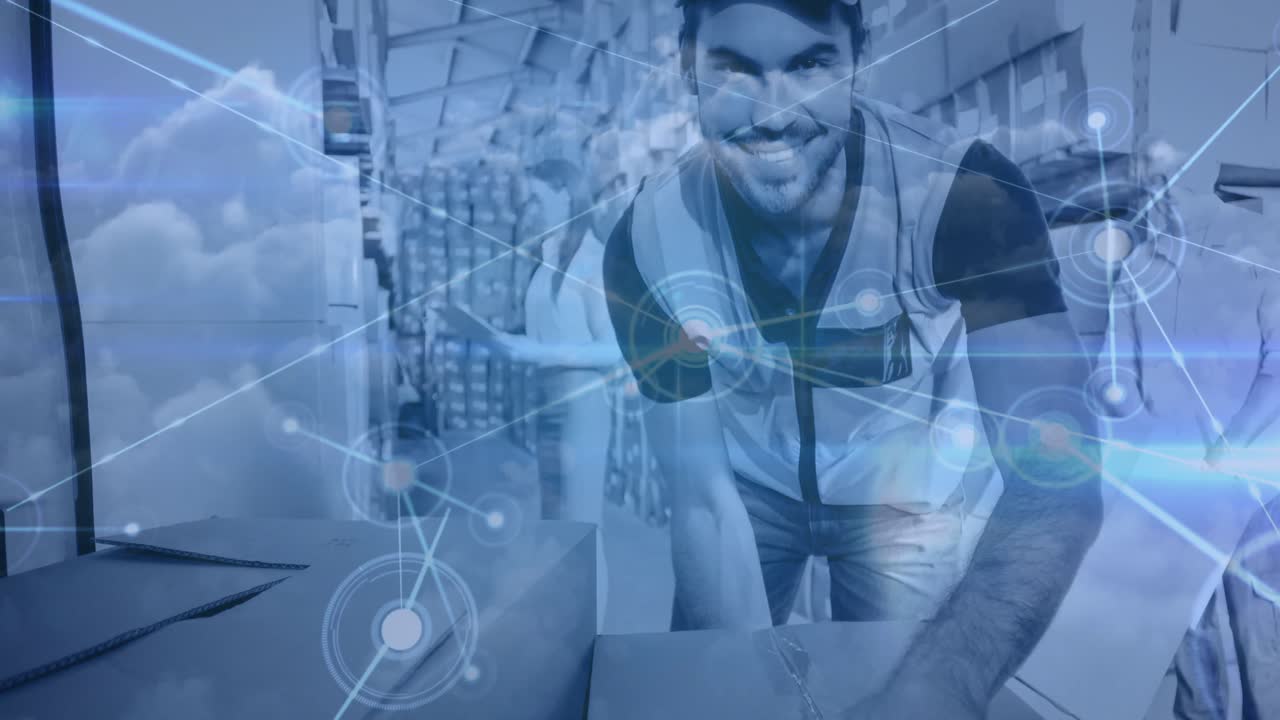 애니메이션 연결과 결합된 창고 구성 패키지 배달