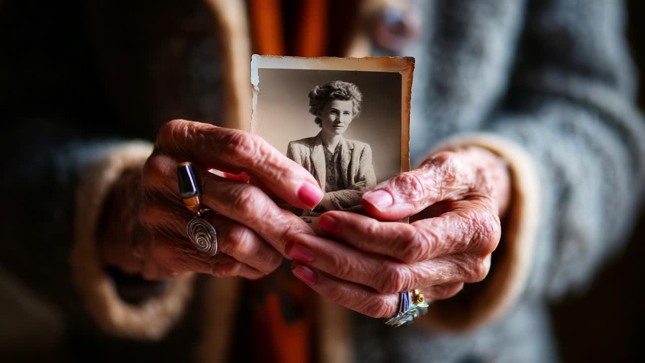 A Heartfelt Tribute: An Elderly Woman Holding a Vintage Photograph, Reflecting on Memories and Cherished Moments from the Past, Showcasing Love and Nostalgia