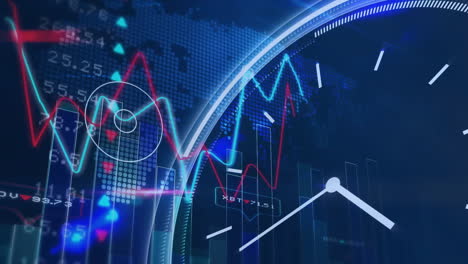 animation of financial data processing and clock over world map