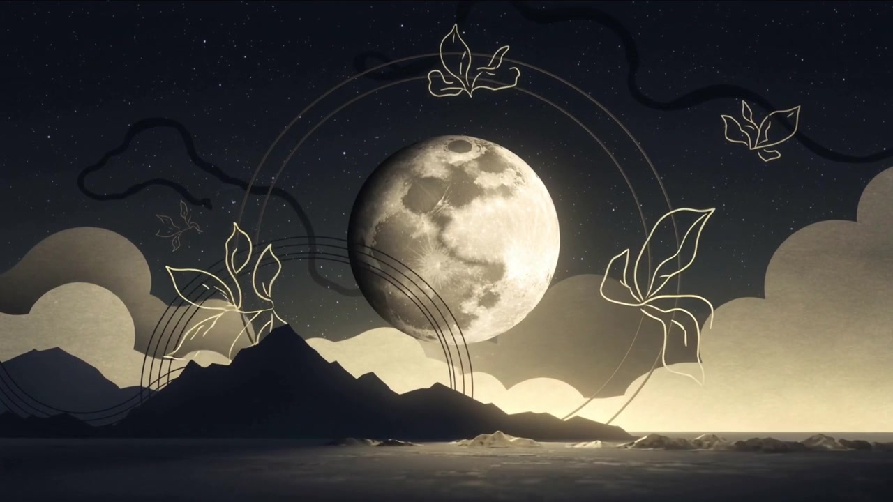 Ciclo iniziale, luna piena che pulsa mentre archi e linee a forma di foglia orbitano sopra le nuvole di montagna, con un bagliore marino.
