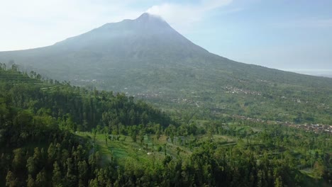 reversing drone shot of merapi volcano with rural view of vegetable plantation and dense of trees in slightly foggy weather. 4k aerial view of plantation with rural view central java, indonesia