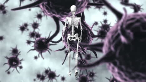 digital animation of human skeleton walking against multiple covid-19 cells on blue background