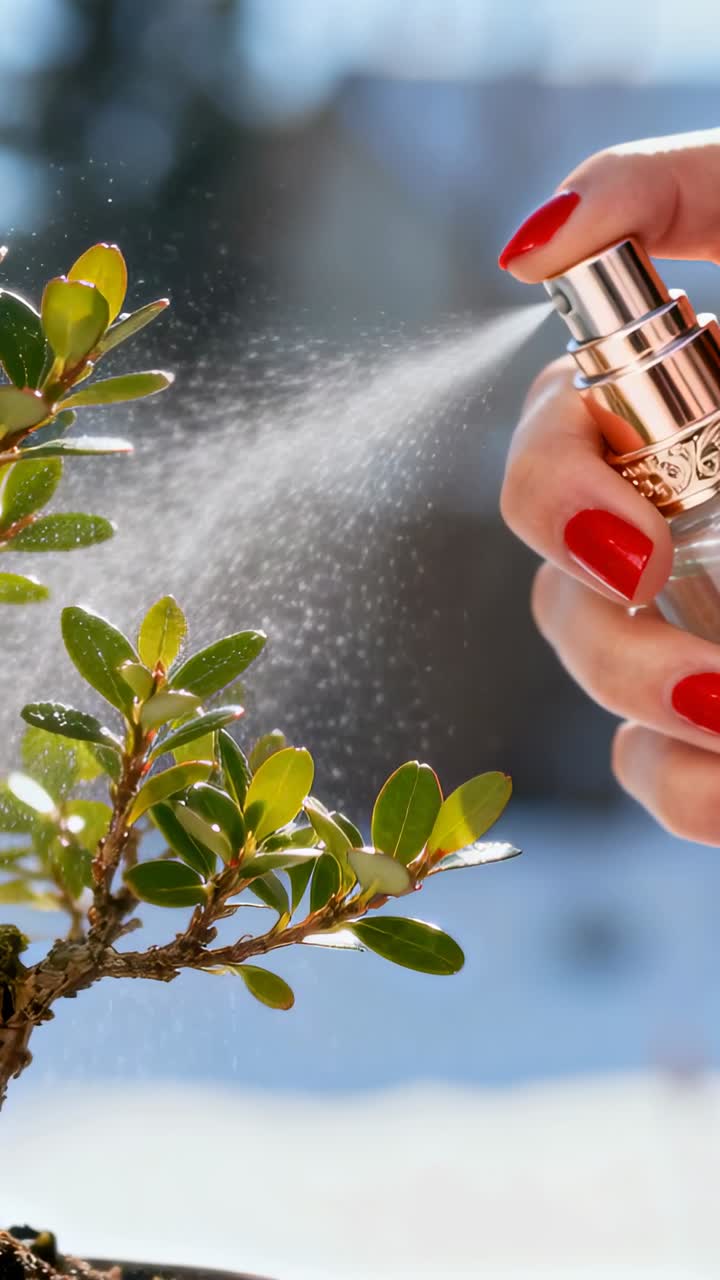 Vertical video: Misting potted shrub on snowy ledge, hand pressing metal sprayer moistening leaves