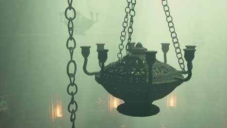 a close-up of an ornate chandelier hanging from chains in a dimly lit room with fog