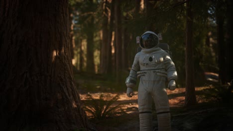 astronauta solitario en el bosque oscuro