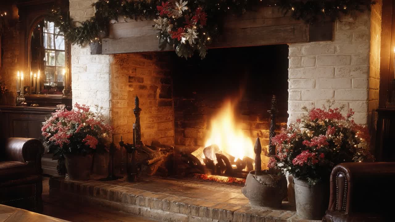 A Warm and Inviting Fireplace Surrounded by Beautiful Flowers and Seasonal Decorations, Creating a Cozy Atmosphere Perfect for Gatherings and Relaxation