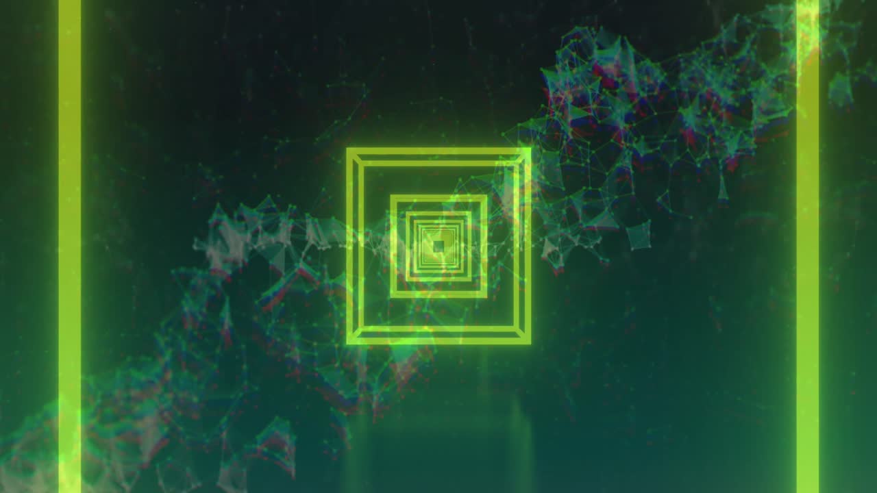 녹색 배경에 연결 네트워크의 디지털 웨이브 위에 노란색 빛나는 터널