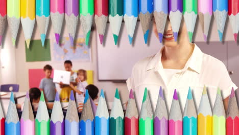 animación de lápices de colores sobre diversos escolares y maestras