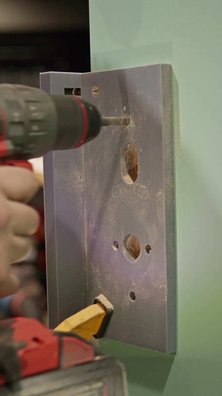 Close-up vertical shot of a carpenter using a power drill to create fixing holes in a timber door for a lock faceplate installation. Fine sawdust is visible on the surface