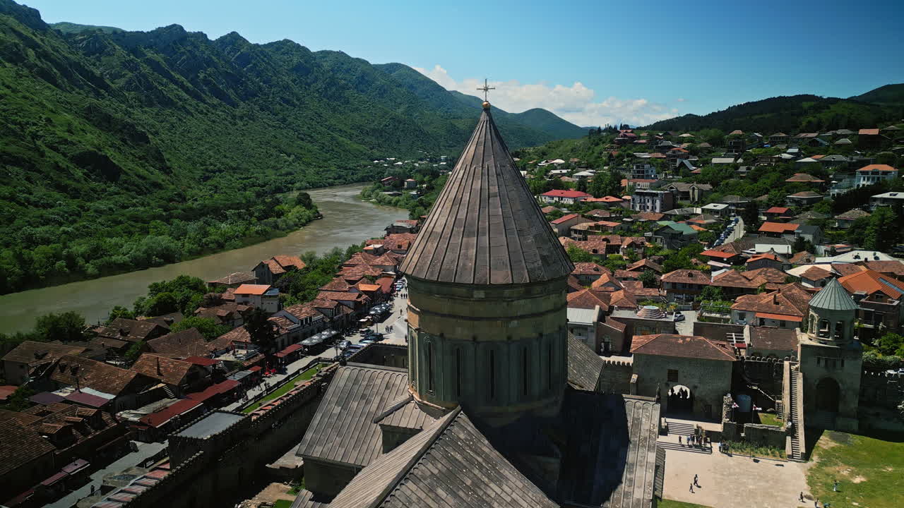 Aerial View of Svetitskhoveli Cathedral and the Historic Town of Mtskheta, Georgia