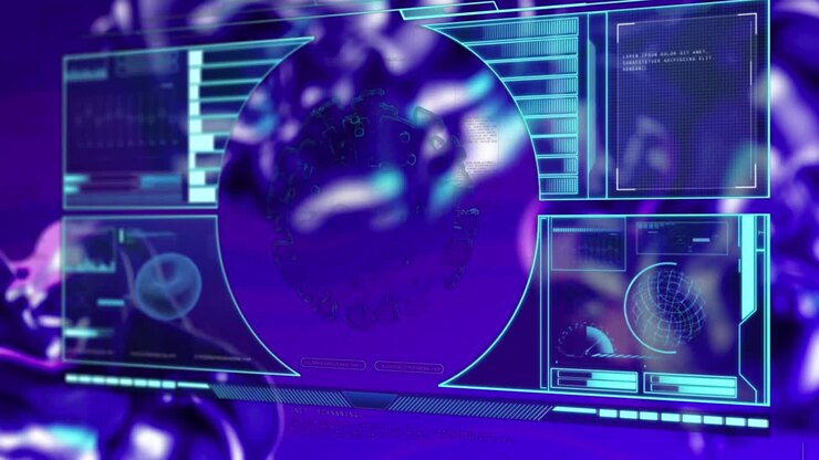 Animation of covid 19 cell and medical data processing on screens on purple background