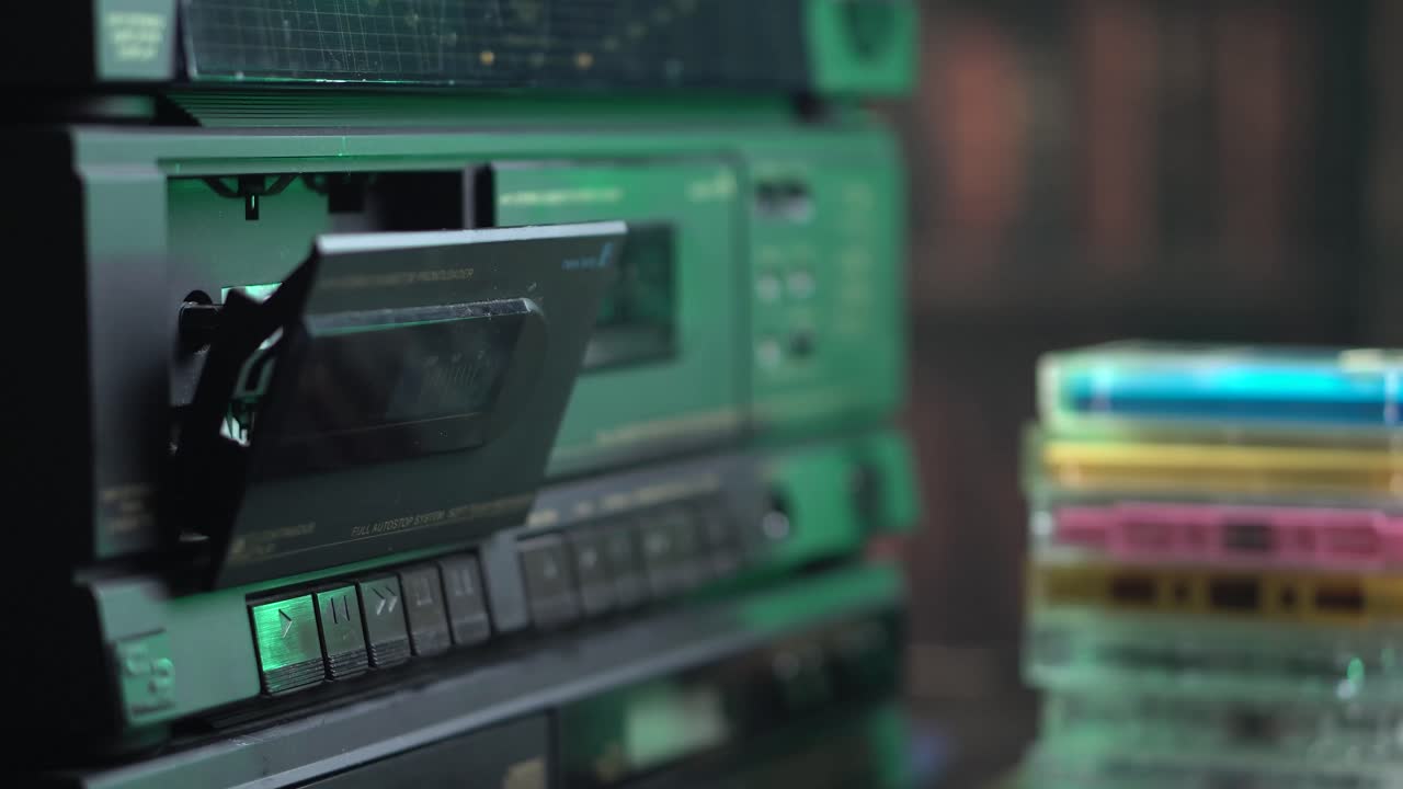 Cassetta audio e lettore a doppia piastra: inserimento e avvio della riproduzione, primo piano