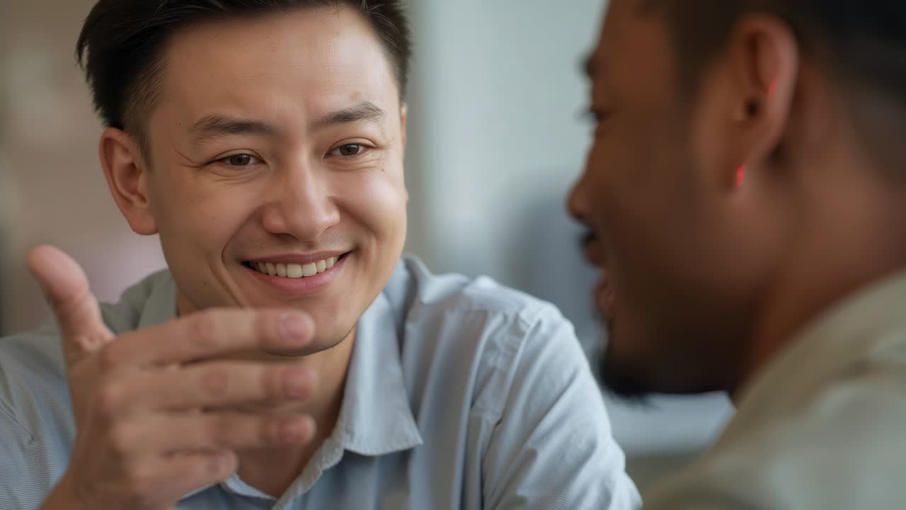 Uomo asiatico sorridente con camicia blu che si allunga, inizia a parlare e gesticola verso un uomo in ufficio, con orecchino