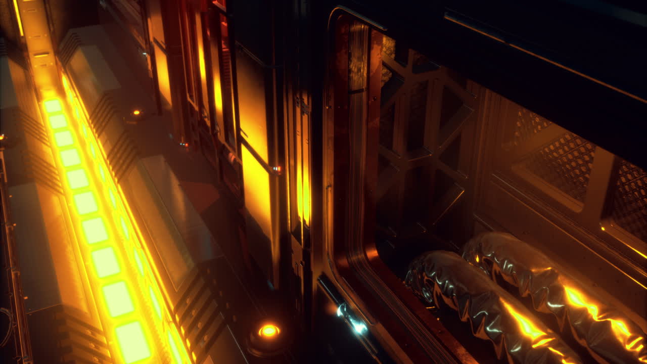 Dimly lit futuristic corridor with glowing elements and metallic surfaces