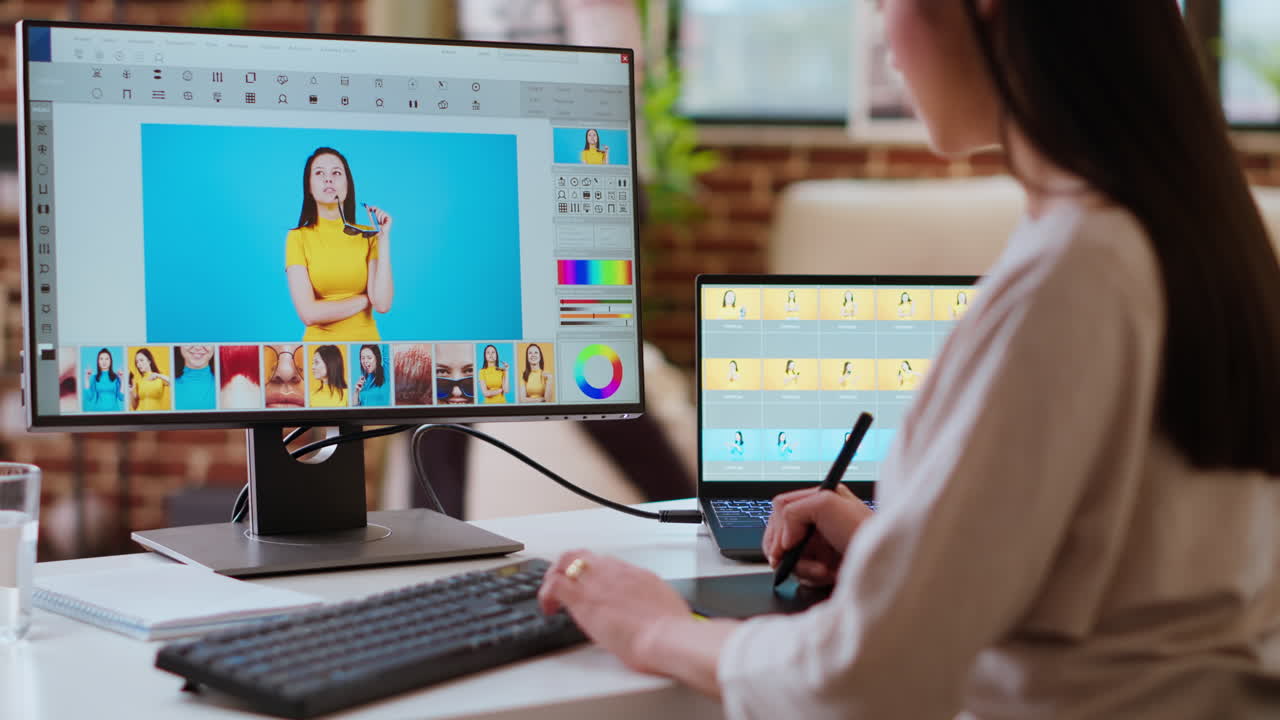 una mujer artista experta edita fotos digitales en su computadora en una oficina creativa