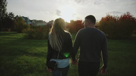 couple walking hand-in-hand at sunset