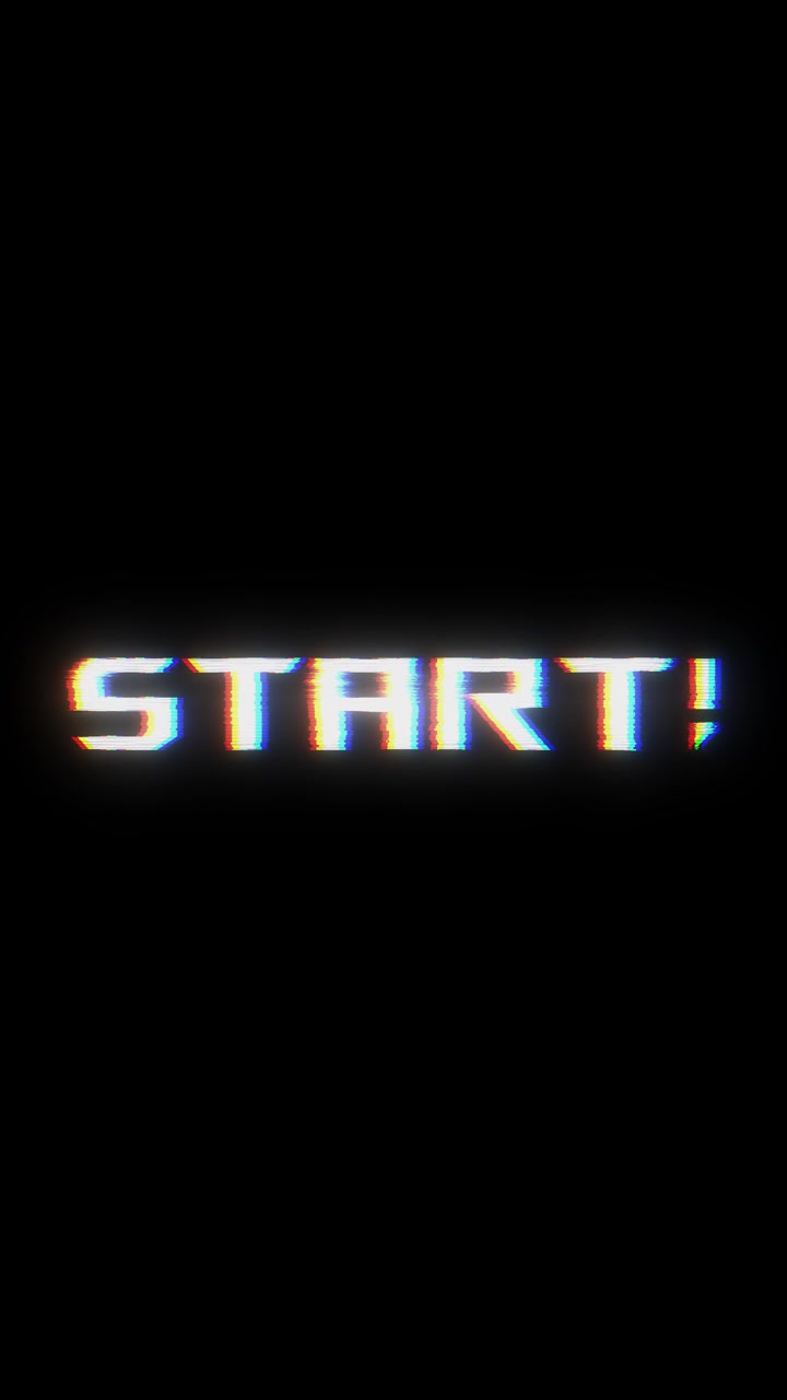 Glitch start text black background retro white letters chromatic distortion and digital arcade
