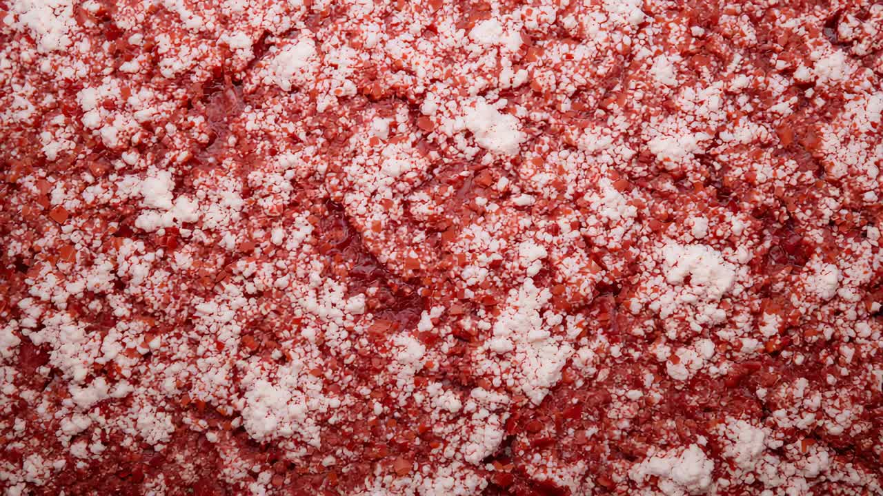 Shifting macro camera revealing subtle powder distribution and texture over red granules in closeup