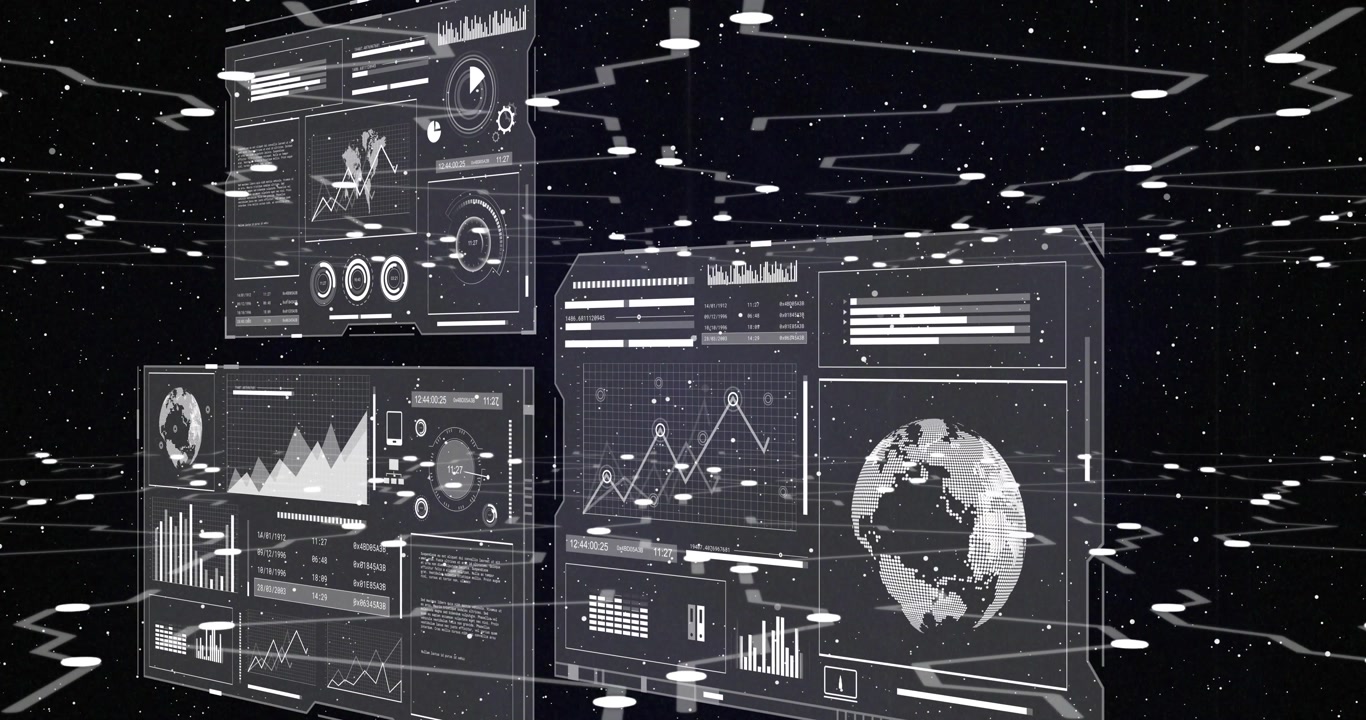3D dashboards rotating and tilting after camera shift, light streaks showing globe depth