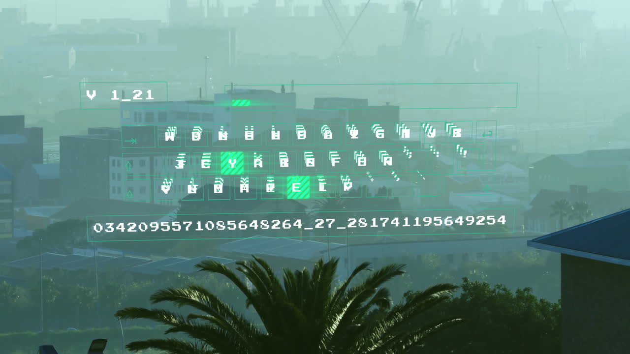Animazione di codice digitale e simboli sovrapposta a un paesaggio urbano con palme