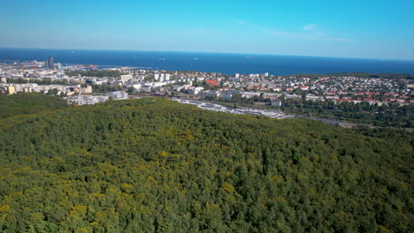 Luftbild---Stadtlandschaft---Wald-Mitten-In-Der-Stadt---Blick-Auf-Das-Zentrum-Von-Gdynia-Von-Der-Seite-Von-Witomino-Aus---Im-Hintergrund-Der-Seeturm-Und-Die-Danziger-Bucht---Schiffe,-Die-Darauf-Warten,-In-Den-Hafen-Einzulaufen