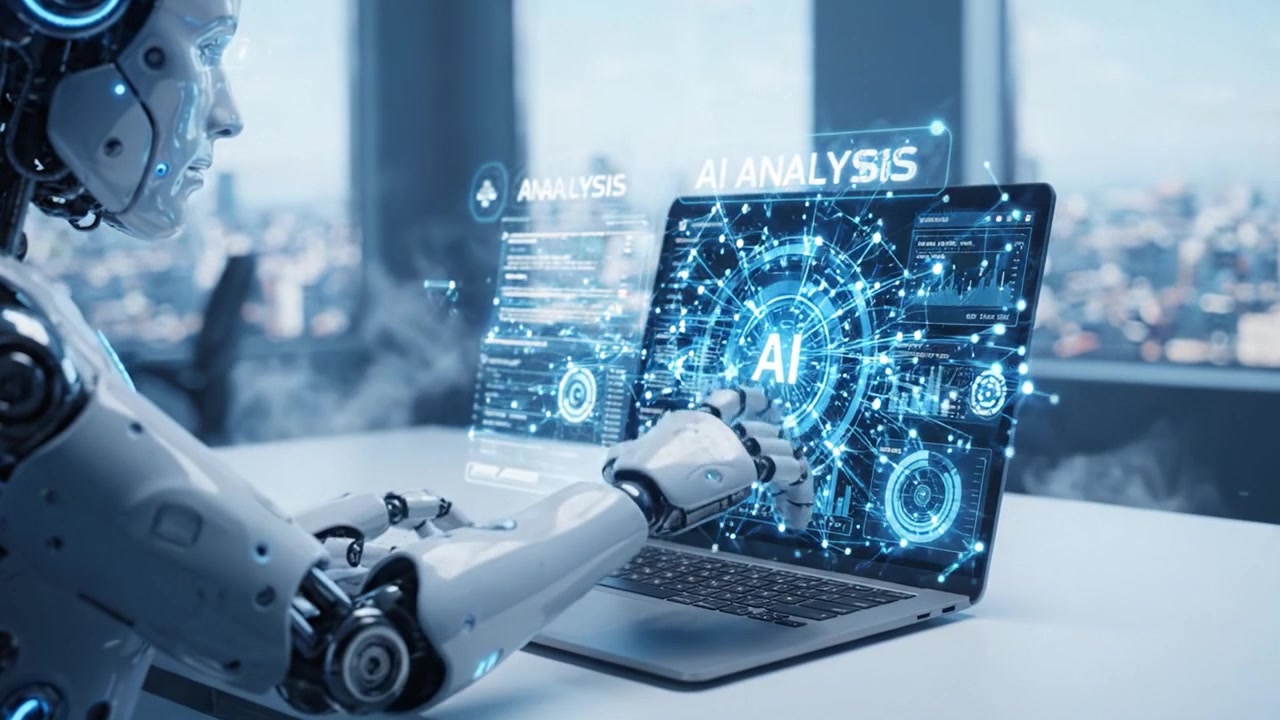 Futuristic Robot Engaged in Data Analysis: A Glimpse into the World of AI and Advanced Technology Through a Robotic Interface and Interactive Dashboard