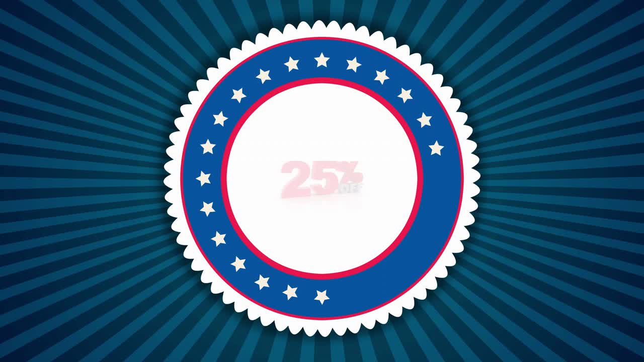 animación de celebración del 4 de julio que muestra una insignia de descuento superpuesta en los colores de la bandera estadounidense