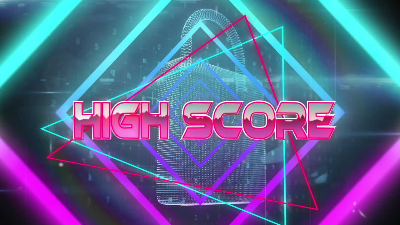 핑크색과 파란색 네온 모양과 락 위에 분홍색 반이는 글자로 높은 점수 텍스트의 애니메이션