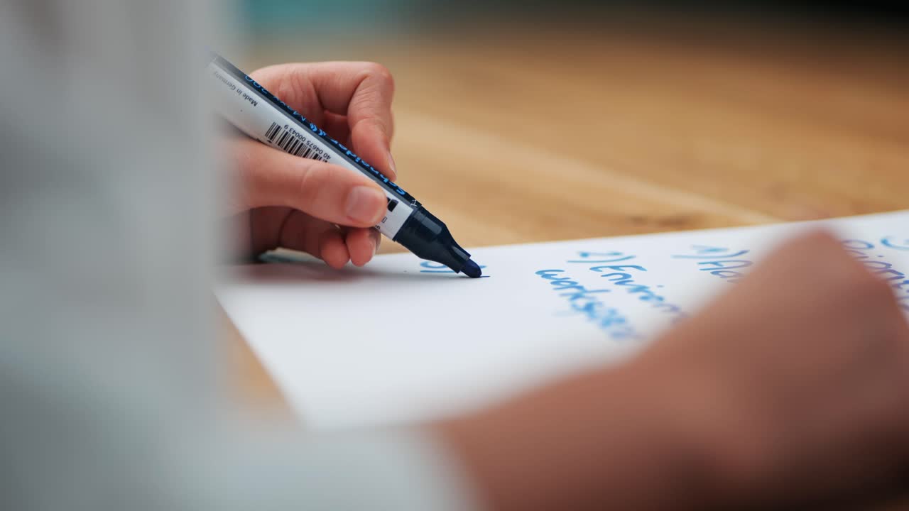 Strategic Thinking: Woman's Hand Engaged in Business Brainstorming with Blue Marker on wooden table