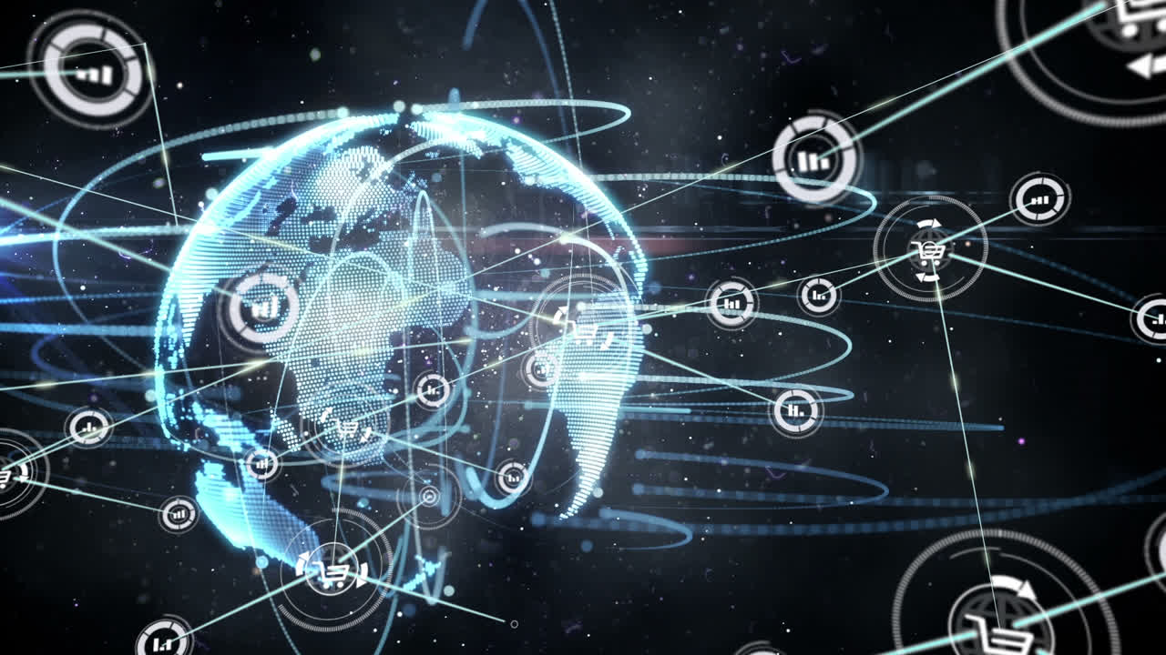 animación de redes de conexiones con iconos en todo el mundo sobre fondo negro