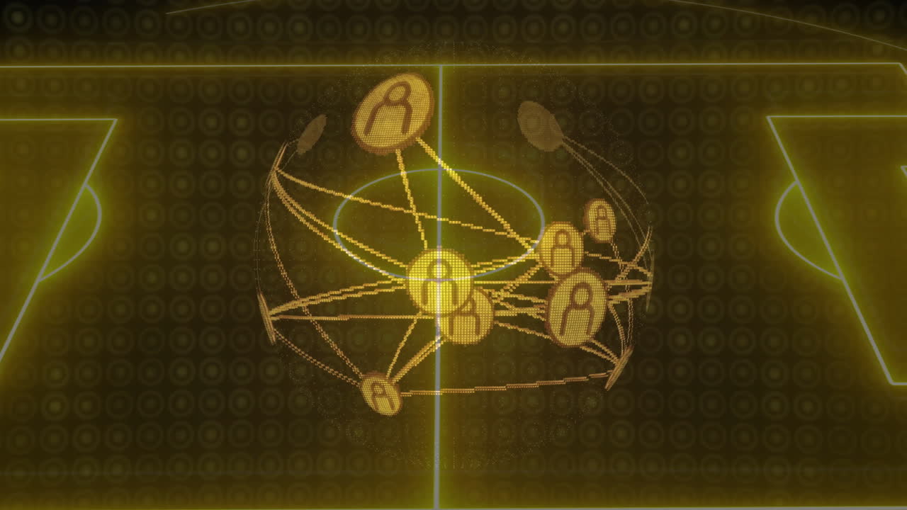 Animation of globe of connections over neon stadium on black background