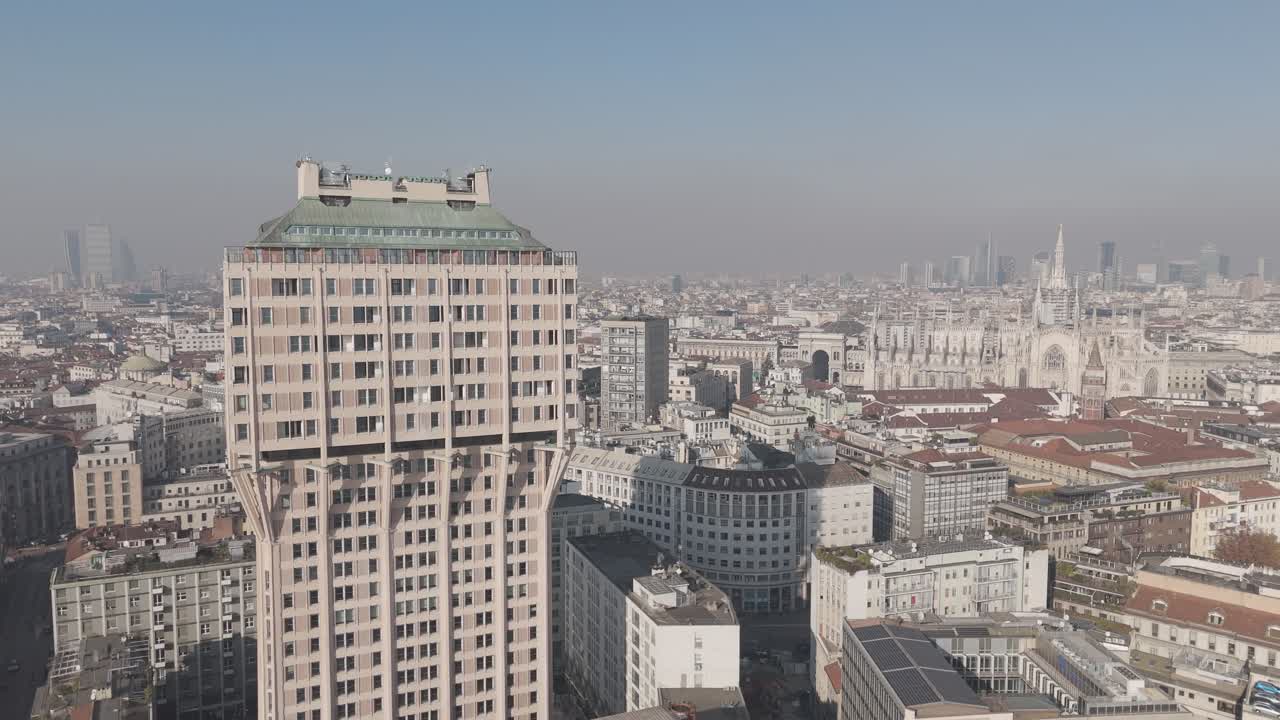 drone on Torre Velasca, Milan City Center near Duomo