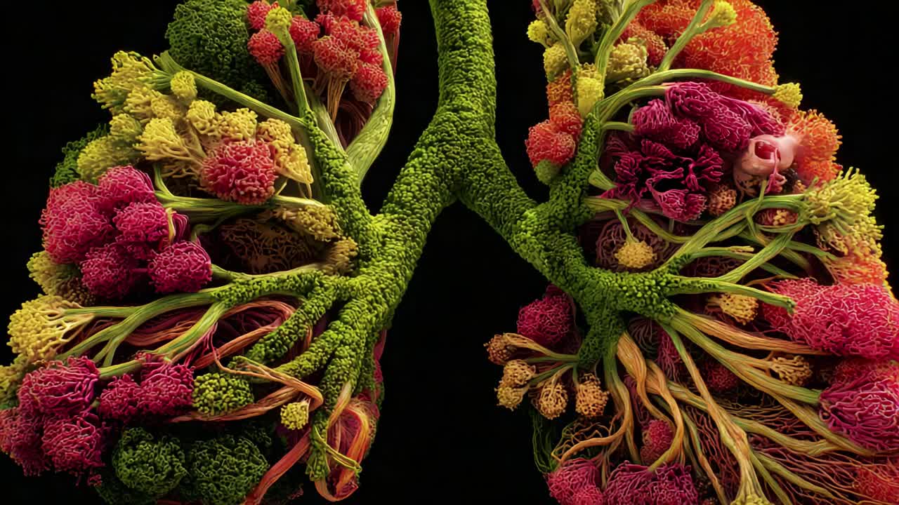 An Artistic Representation of Lungs Transformed into a Vibrant Garden, Showcasing Lifelike Flora in Rich Colors and Intricate Details, Symbolizing Breath and Nature's Connection