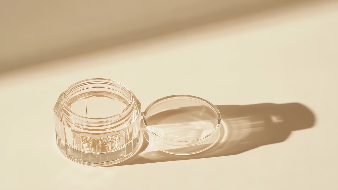 Shifting sunlight streaming through window, casting dynamic shadows over clear cosmetic jar and lid