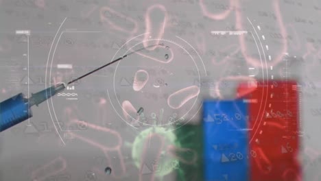 scope scanning and covid-19 cells moving against syringe in background