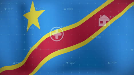 animation of graphs, data, energy icons and flag of democratic republic of the congo