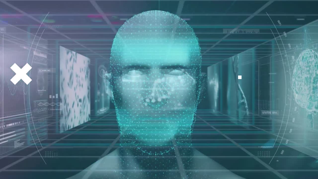 animación de la cabeza humana, escaneo de alcance y procesamiento de datos en pantallas