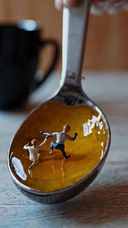 miniature figures struggling in a spoonful of honey convey themes of danger and sweetness, with a blurred coffee cup in the background hinting at potential rescue