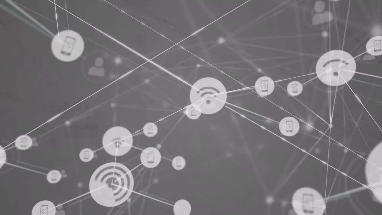 animación de la creciente red de medios y iconos wifi que transfieren datos en fondo gris