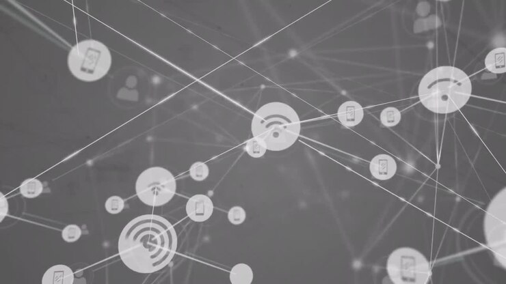 Animation of growing network of media and wifi icons transferring data on grey background