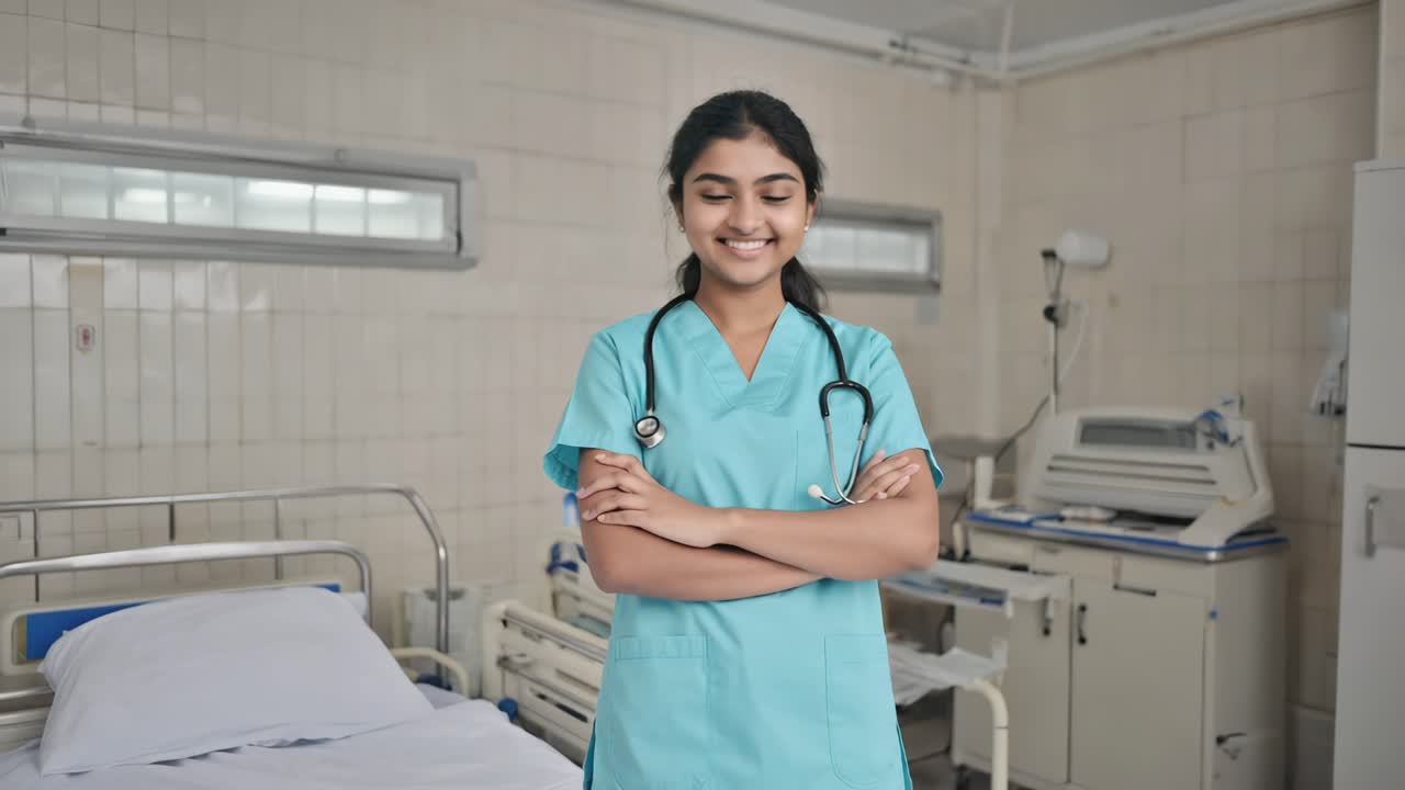 Young female doctor smiling with crossed arms and stethoscope in a hospital room, representing healthcare, confidence, and professionalism in the medical field