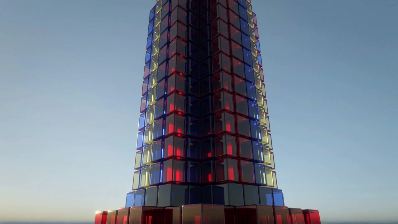 Pulling camera, shot starting, revealing tower of cubes on plane with red cores, blue or amber rims