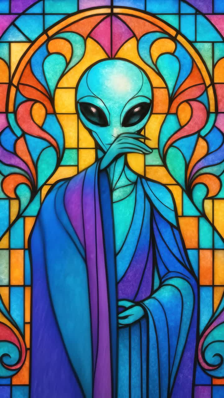 Vibrant stained glass art of an alien in a robe, viewed straight on