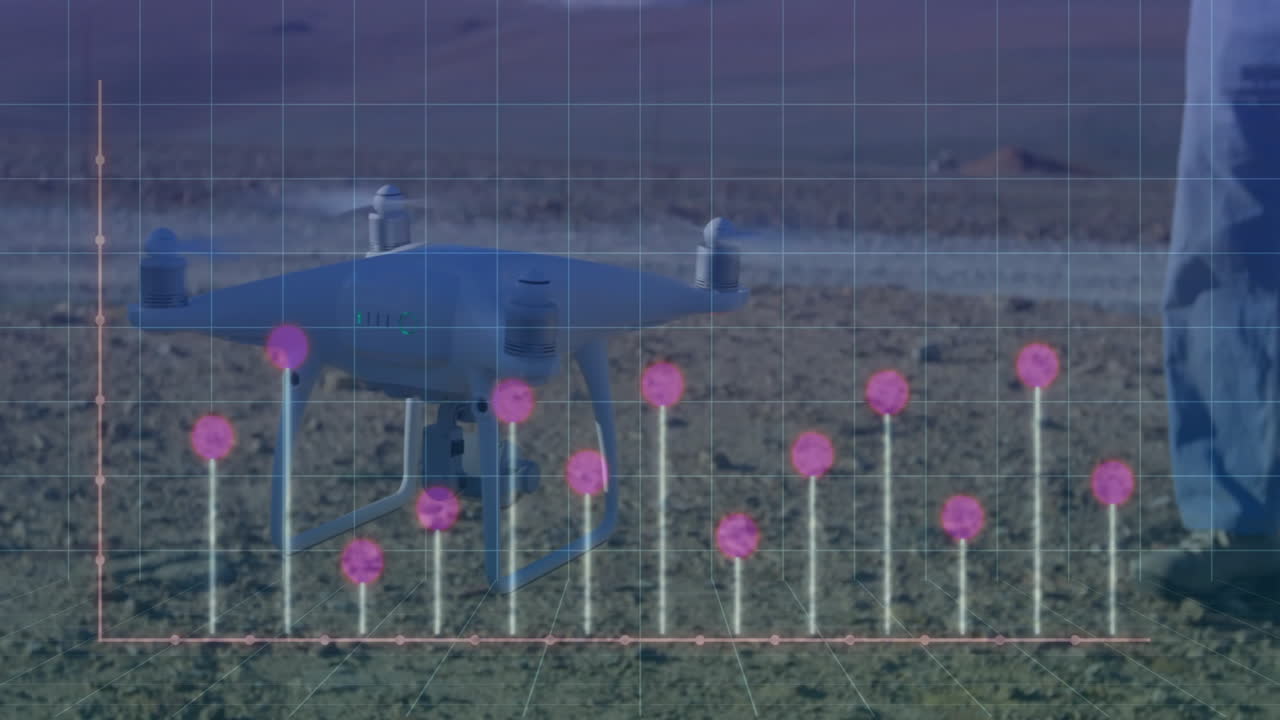 field engineer inspecting desert survey site, showcasing drone over digital grid with neon markers