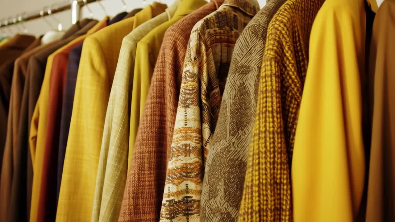 A close-up shot of a rack of colorful vintage clothing