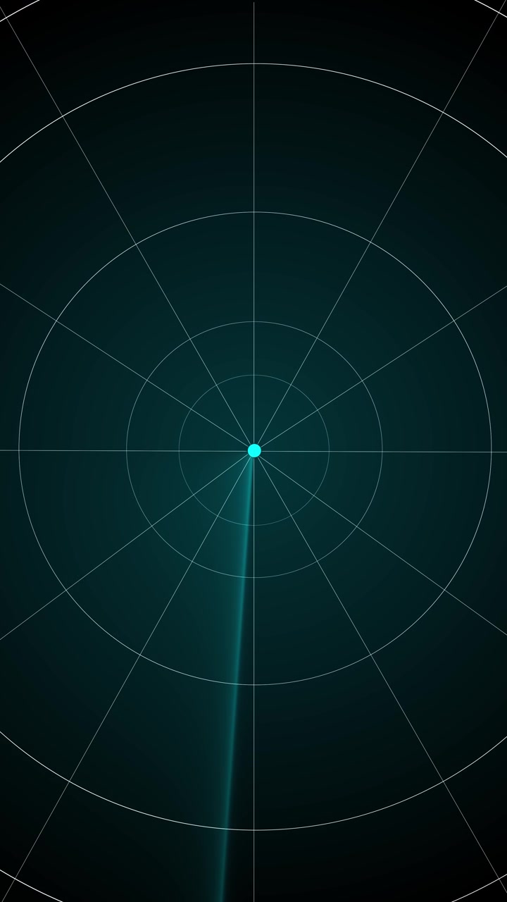 Sfondo futuristico con bersaglio radar, raggio di scansione verde acqua, linee di griglia circolari, punto centrale luminoso, scuro